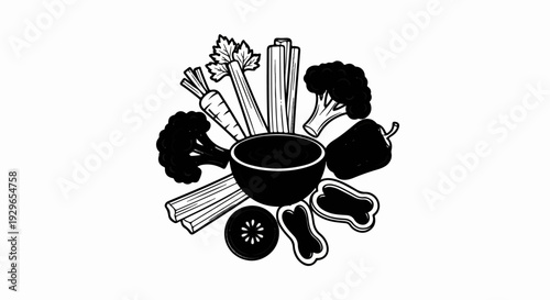 Assortment of crudités arranged around a central bowl, featuring broccoli, celery, pepper and carrot