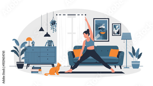Woman performing triangle yoga pose on a mat in a cozy modern living room setting with a cat and various indoor plants.