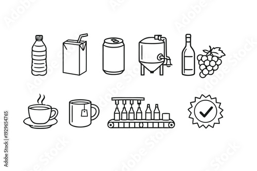 Beverage production and consumption icons water juice soda beer tea and coffee