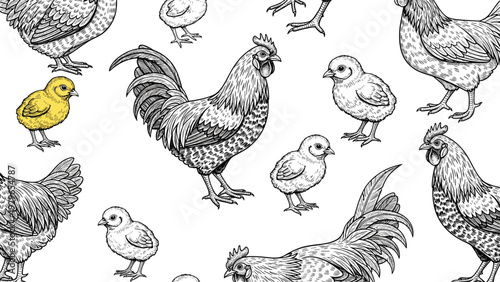 Seamless farm animal pattern with hand drawn roosters, hens, and one little yellow chick scattered on a white background.