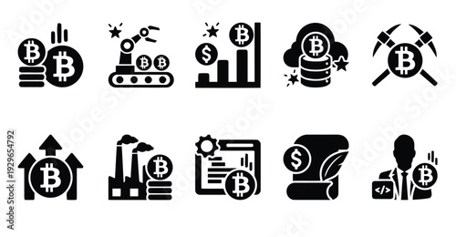 Bitcoin cryptocurrency technology icons for digital currency and blockchain mining concepts