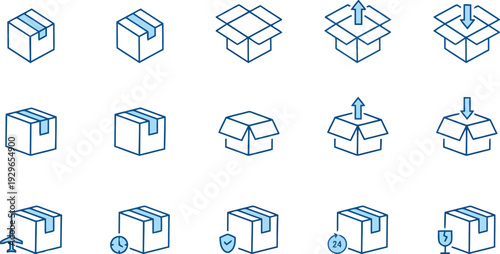 Blue outlined icons of boxes and packages for logistics and shipping