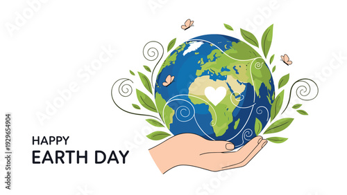 Happy Earth Day illustration featuring a human hand supporting the globe globe surrounded by green leaves and butterflies.