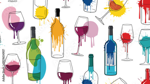 Artistic seamless pattern featuring diverse wine bottles and glasses decorated with vibrant and colorful paint splatters.