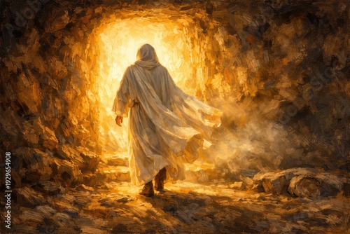 Jesus Christ resurrected from tomb with divine light