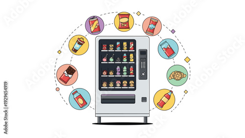 Vending machine concept showing a wide variety of snacks and beverages available for purchase in a circular icon display.