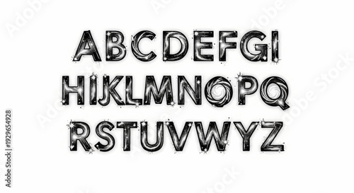Alphabet letters with a glossy, textured appearance and scattered star-like specks