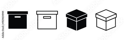 Box icons in solid black and outline styles, front view and isometric