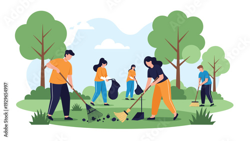 Group of dedicated volunteers cleaning up a public park by raking leaves and picking up trash to protect nature.