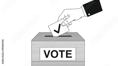 Minimalist black and white line art illustration of a hand casting a ballot into a voting box during an election.