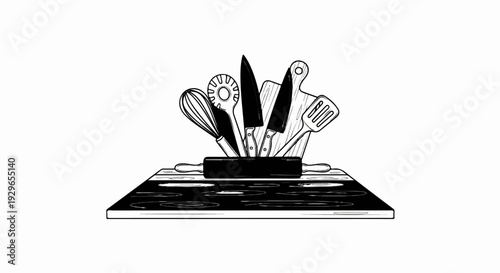 Hand-drawn illustration of kitchen utensils, knives, and a rolling pin on a cutting board
