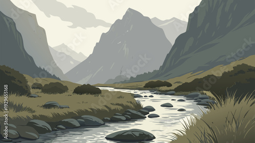 Flat Design Vector Illustration of a Winding Rocky River in a High Mountain Valley