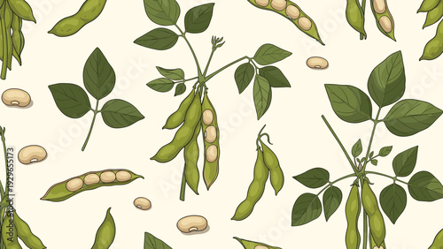 Detailed botanical seamless pattern of soybean plants with ripe pods, green leaves, and individual beans on a background.