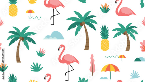 Tropical seamless pattern featuring pink flamingos, palm trees, pineapples, and beach umbrellas on a white background.