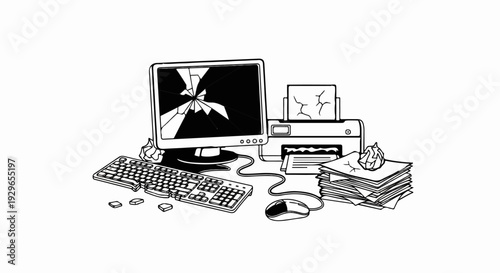 Broken computer monitor, damaged printer, and crumpled paper suggest technological failure