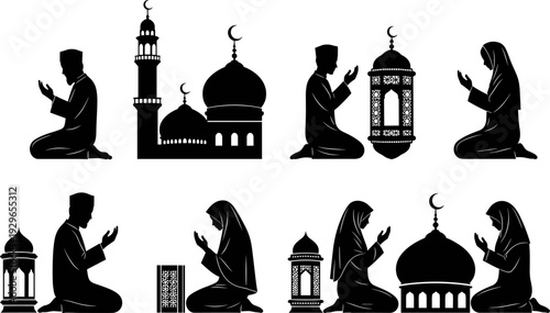 Muslim, prayer, silhouette, Ramadan, Kareem, mosque, lantern, religious, man, woman, praying, Islamic, spiritual, meditation, worship, Eid, Mubarak, holy, month, devotion,