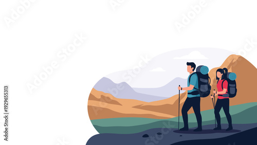 Man and woman wearing backpacks and using trekking poles while hiking on a trail in a scenic mountain landscape.