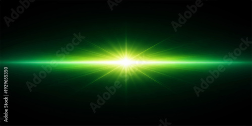 Vibrant Green Starburst Light Flare with Intense Glow Effect on Black