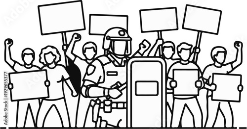 A crowd of protestors, some holding signs, face a riot police officer with a shield