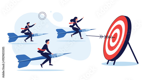 Diverse business people riding large blue darts aimed at a target to achieve goals and success in a professional team.