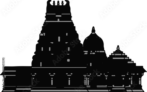 A silhouette of an elaborate ancient temple with tiered towers and domes