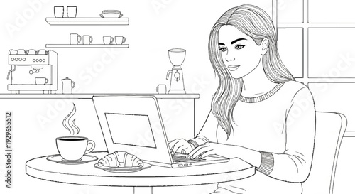 Woman working on laptop at cafe with coffee and croissant