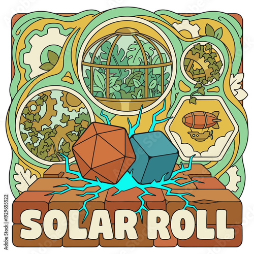 Retro Polyhedral Dice Creating Portals to Solarpunk Architecture and Nature