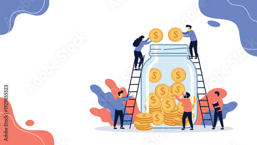 Diverse group of people putting gold coins into large glass jar for saving money, investment, and financial growth concept.