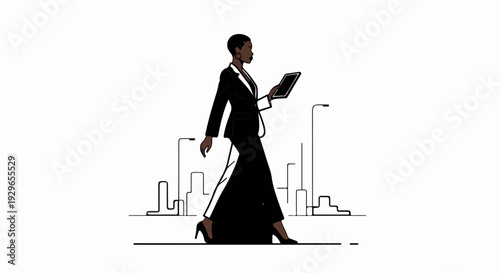 A woman in a suit walks with a tablet in a stylized urban landscape