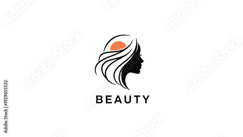 Elegant minimalist beauty salon logo featuring profile silhouette of a woman with long flowing hair and a rising sun.