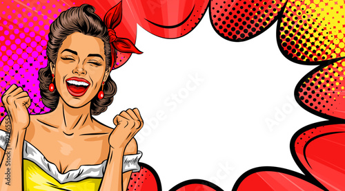 Pop Art Happy Laughing Woman - Retro Comic Book Celebration