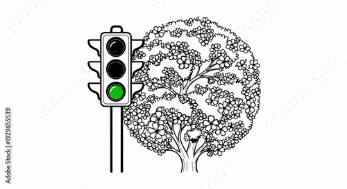 Traffic signal with green light, next to a tree in full bloom, outlined