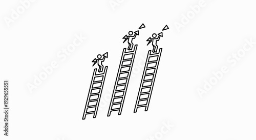 Three stick figures ascend ladders, one holding a paper airplane