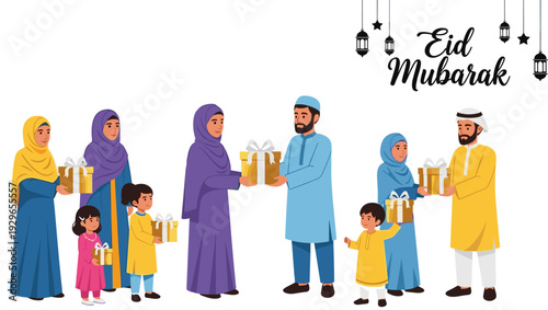 Happy Muslim family members celebrating Eid Mubarak and exchanging gift boxes, parents and children in traditional clothing sharing joy and love, vector,