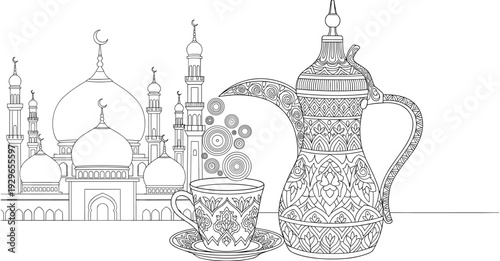 Ramadan, Kareem, celebration, with, traditional, Arabic, coffee, pot, and, cup, set, against, a, beautiful, mosque, background, vector, line, art, illustration,