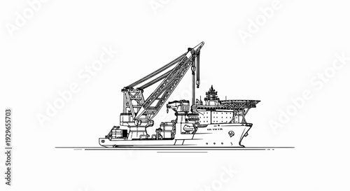 A detailed black and white line drawing of a large industrial ship with a prominent crane and helipad