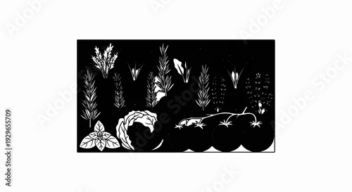 A white line drawing depicts a garden with assorted herbs, lettuce, and tomatoes