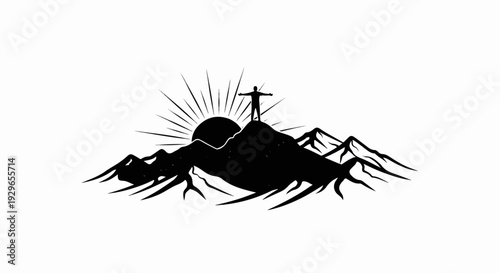 Silhouette of a person standing atop a mountain peak with arms outstretched