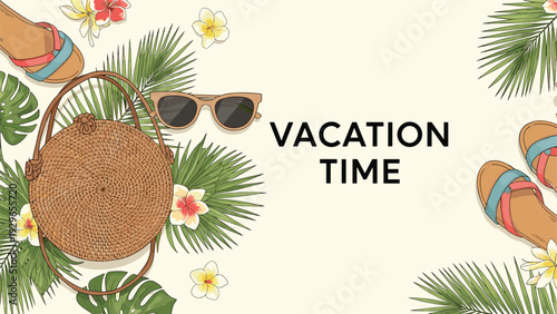Summer vacation themed flat lay illustration with straw bag, sunglasses, sandals, and tropical palm leaves for holiday concept.