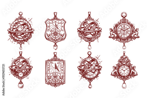 Antique Renaissance Jewelry Pendant Sundial Armillary Sphere Engraved Gold Ornaments Clock Face Sphinxes Pearl Drops Horology