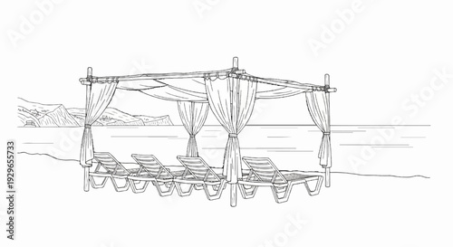 Beachside cabana with lounge chairs facing the ocean and distant hills