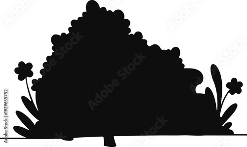 A stylized black silhouette of a dense bush with small flowers and leaves