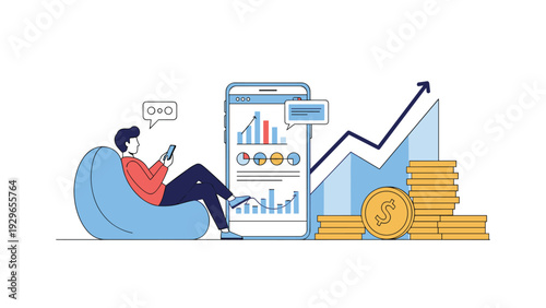 Young man relaxing on bean bag chair while using mobile application for stock market trading and investment management.