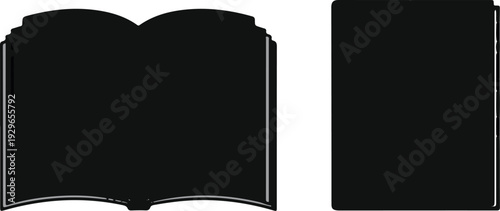 Stylized illustration of an open book and a closed book in black silhouette