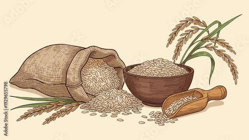Detailed hand drawn illustration of rice grains in burlap sack, ceramic bowl, and wooden scoop with ears of rice.