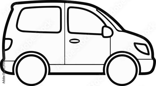 A simple black and white line drawing of a compact car shown from the side profile