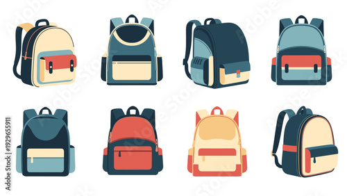 Collection of diverse school backpacks and rucksacks in various styles, colors, and designs for education concepts.