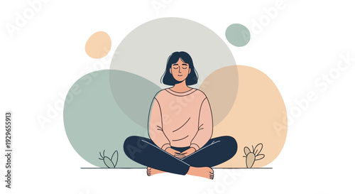 Woman meditating peacefully in a serene environment with plants around her, illustrating health and wellness concept