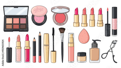 Large set of colorful hand drawn makeup and beauty products including lipsticks, brushes, palettes, and skincare bottles.