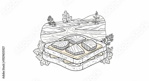 A stylized sandwich with four cuts of fish on top, set against a landscape